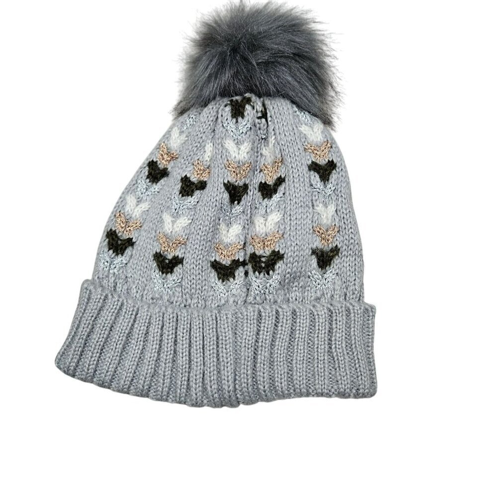 Unbranded NWT Knitted Winter Beanie With Pom Pom &‎ Heart cable Pattern Gray